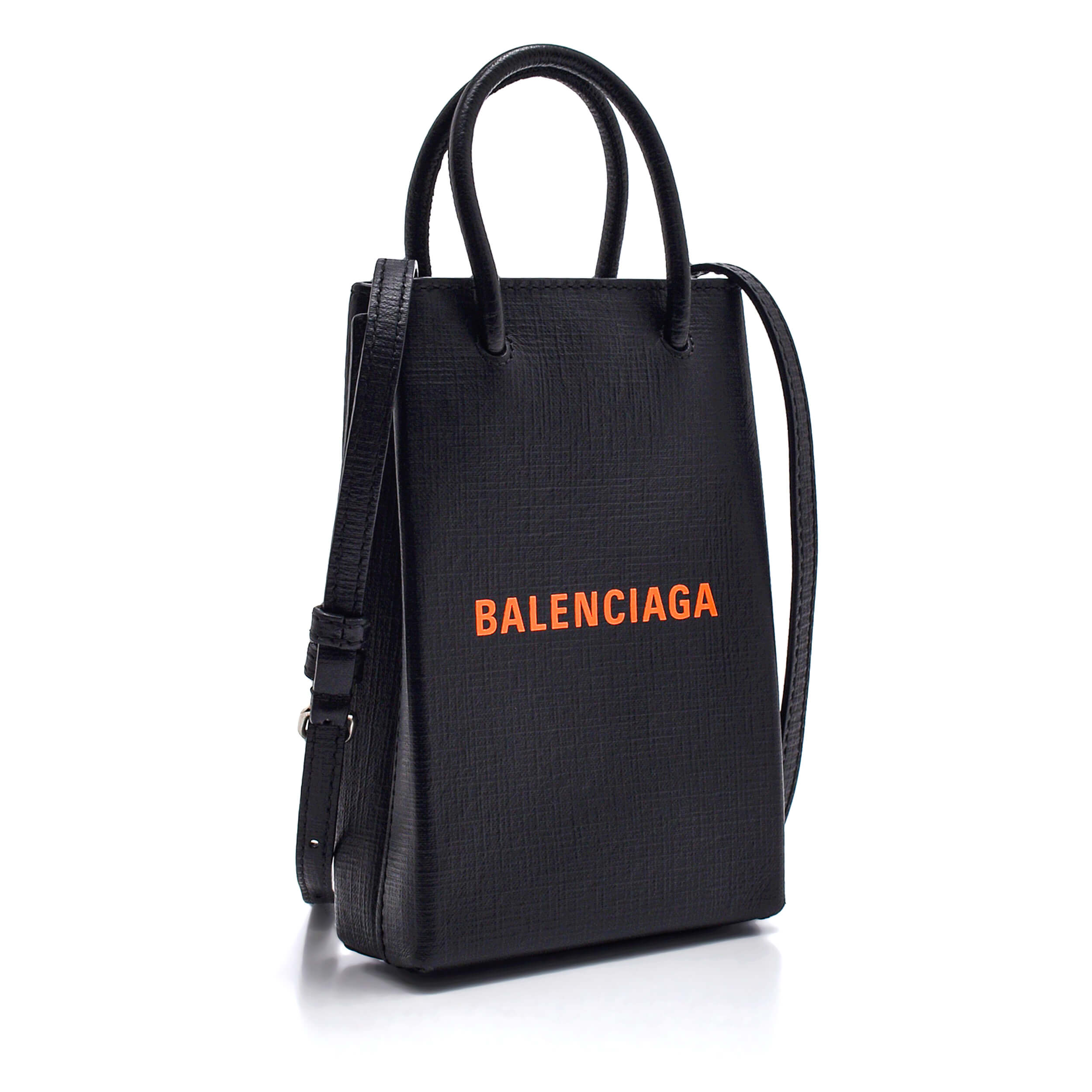 Balenciaga - Black Leather Logo Phone Holder Mini Shopping Bag